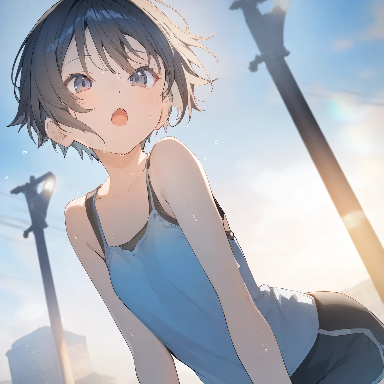 1girl, female, tomboy, flat chest, sweat, shorts, beautiful detailed eyes,open mouth, outdoors,wind, game CG, break,(artist:akinashi_yuu),artist:fujiyama,artist:artist:yuugen,break,(masterpiece), (best quality), (ultra-detailed),(Detailed Lighting), very aesthetic, newest, beauty illustration,super detailed skin, (masterpiece), (best quality), (ultra-detailed), very aesthetic lighting,newest ,hi res,absurd_res,shiny skin,2023,(shaded),digital media (artwork), realistic lighting, 16k, 8k,highres, source_anime, official_art, photoshop_(medium)