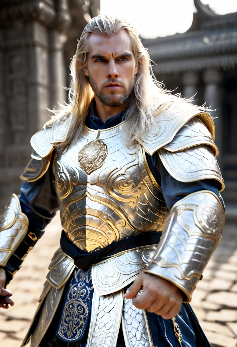  a 1men in armor armor, Complex armor patterns， gold tracing around some armor pieces, golden armor ，ancient temple background，Clouds in the sky surround the sun，(professional 3d render:1.3) of (Realistic:1.3) ，long white hair 2.0 soft features, Brilliant male hero, ((Epic hero rough fantasy muscular 1male white long hair, Intense expression of short beard and dynamic pose, Fantastic location, Majestic and cluttered ancient temple environment)), Full body 8k unit rendering, action shot, skin pore, very dark lighting, heavy shading, A detailed, Detal Face, (vibration, Realistic photography, Realistic, Dramatic, darkly, sharp focus, 8k),