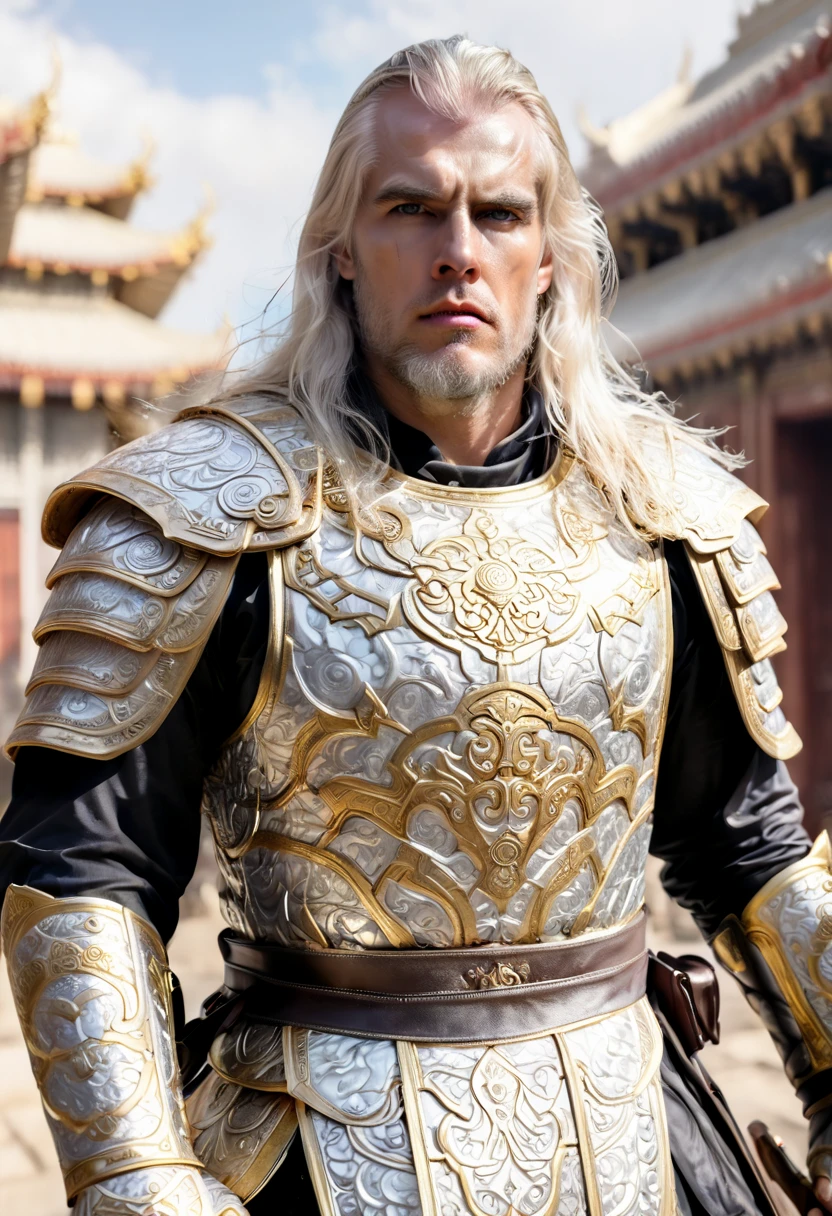  a 1men in armor armor, Complex armor patterns， gold tracing around some armor pieces, golden armor ，ancient temple background，Clouds in the sky surround the sun，(professional 3d render:1.3) of (Realistic:1.3) ，long white hair 2.0 soft features, Brilliant male hero, ((Epic hero rough fantasy muscular 1male white long hair, Intense expression of short beard and dynamic pose, Fantastic location, Majestic and cluttered ancient temple environment)), Full body 8k unit rendering, action shot, skin pore, very dark lighting, heavy shading, A detailed, Detal Face, (vibration, Realistic photography, Realistic, Dramatic, darkly, sharp focus, 8k),