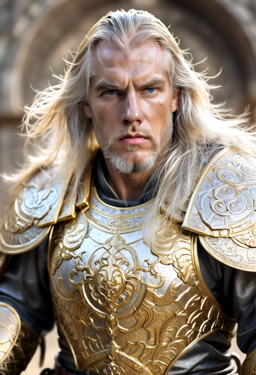  a 1men in armor armor, Complex armor patterns， gold tracing around some armor pieces, golden armor ，ancient temple background，Clouds in the sky surround the sun，(professional 3d render:1.3) of (Realistic:1.3) ，long white hair 2.0 soft features, Brilliant male hero, ((Epic hero rough fantasy muscular 1male white long hair, Intense expression of short beard and dynamic pose, Fantastic location, Majestic and cluttered ancient temple environment)), Full body 8k unit rendering, action shot, skin pore, very dark lighting, heavy shading, A detailed, Detal Face, (vibration, Realistic photography, Realistic, Dramatic, darkly, sharp focus, 8k),