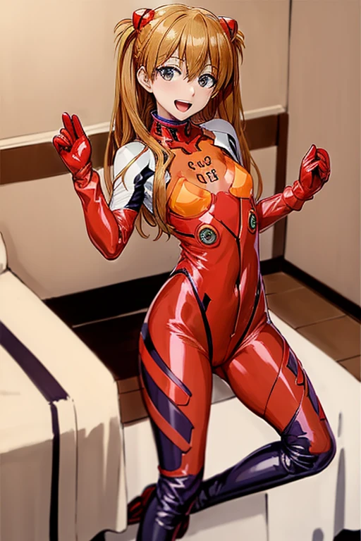 (( top quality)), ((masterpiece)), (be familiar with),  perfect face, indoor, bedroom, looking at the viewer,
One woman,  Soryu Asuka Langley,
 open mouth,  ecstatic expression beside the piano, blush, smile,
 small tits,  flat chested, Young girl, Lori,  s,  girl,
 long hair,  twin tails,
Leg spread,