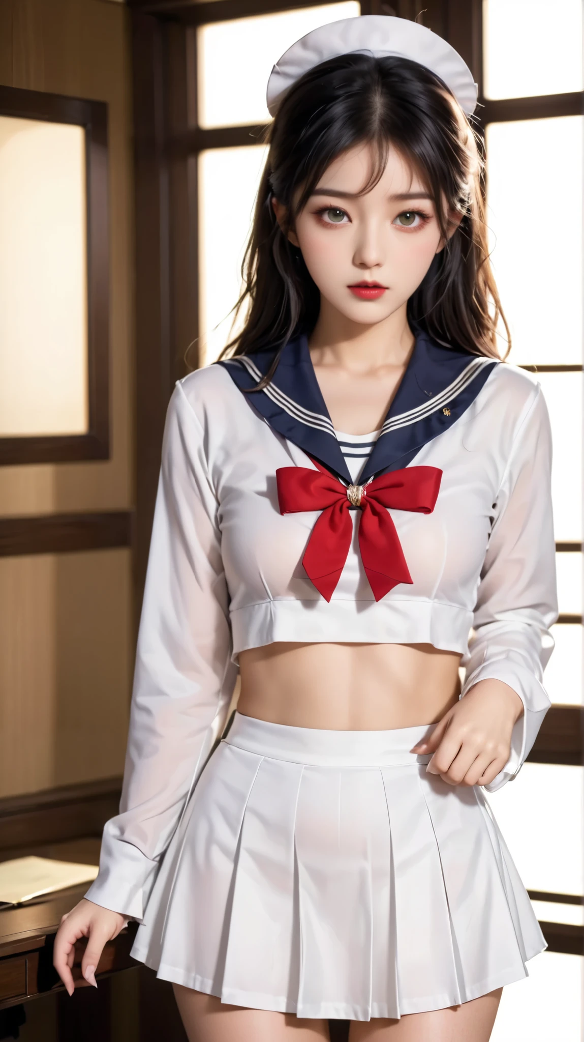 classroom, ((( sailor suit)))、 girl,  The Eyes That Seduce Viewers, Shine, Shine, masterpiece, The sweet taste of temptation, nice, masterpiece,  best quality,  Shadow, S-Core_9, S-Core_8_up, S-Core_7_up、(gigantic breast:1.1)、 black hair、 standing 、(Big Eyes)、(skirt)、Small waist、(Very long legs)、 black stockings、(Breasts covered with clothes)、takeda hiromitsu style, Fingering、ass Fingering、 garter belt