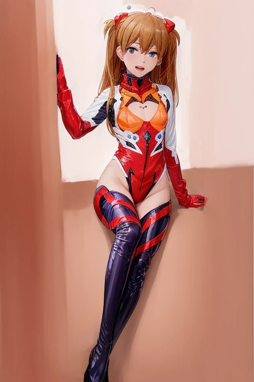 (( top quality)), ((masterpiece)), (be familiar with),  perfect face, indoor, bedroom, looking at the viewer,
One woman,  Soryu Asuka Langley,
 open mouth,  ecstatic expression beside the piano, blush, smile,
 small tits,  flat chested, Young girl, Lori,  s,  girl,
 long hair,  twin tails,
Leg spread,