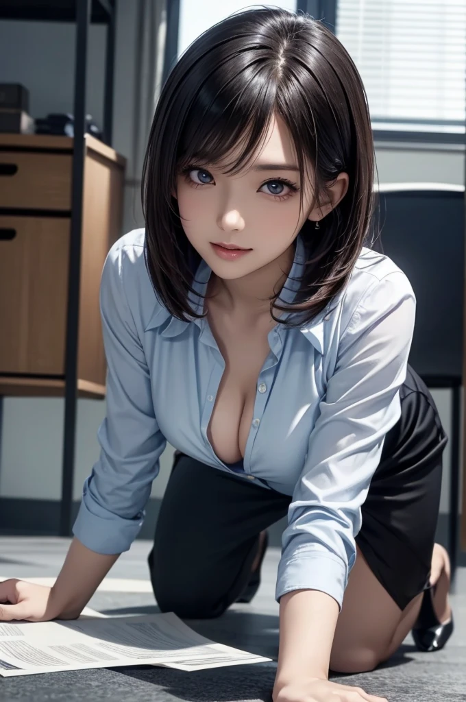 (masterpiece:1.2), high quality, high resolution, attention to detail, 4K, 8K, (raw photo, photo realistic:1.2), dynamic lighting, 1woman got down on all fours, pick up the papers, angle from a diagonal, Japanese idol, beautiful face, (detailed beautiful eyes), straight bob hair, black hair, detailed hair, medium breasts, office jacket, dress shirt, black mini skirt, high heels, office,