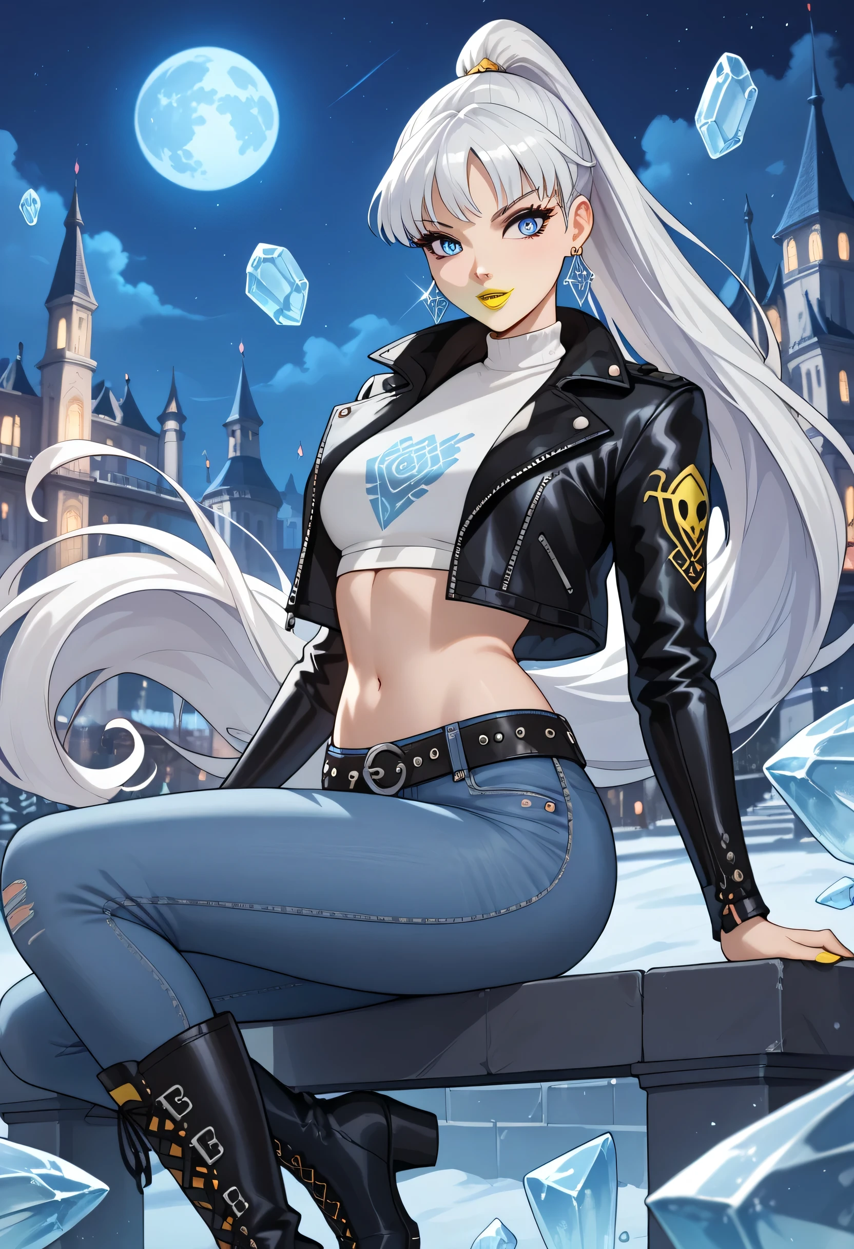 ice, best quality, illustration, 1 girl, icywinx, very long hair, open black leather jacket, jeans, belt, earrings, belly button, leather boots, high definition, fantasy worlds, composition, white hair, night, blue eyes, anime style, yellow lipstick, evil, ponytail