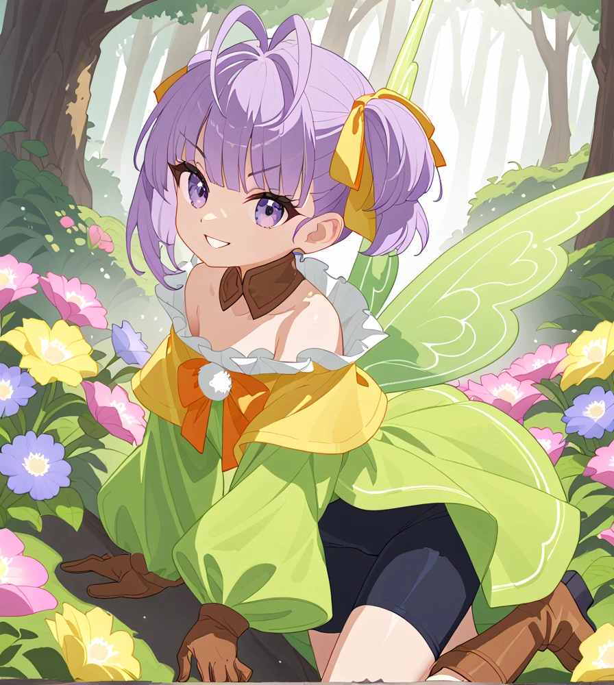 ((masterpiece,best quality:1.2)),Muryan,((Many flowers:1.3)),smile,((crystal light1.3)),purple hair,antenna hair,twintails,single sidelock,yellow ribbon,purple eyes,detached collar,frills,bare shoulders,bike shorts,brown gloves,brown boots,fairy wings