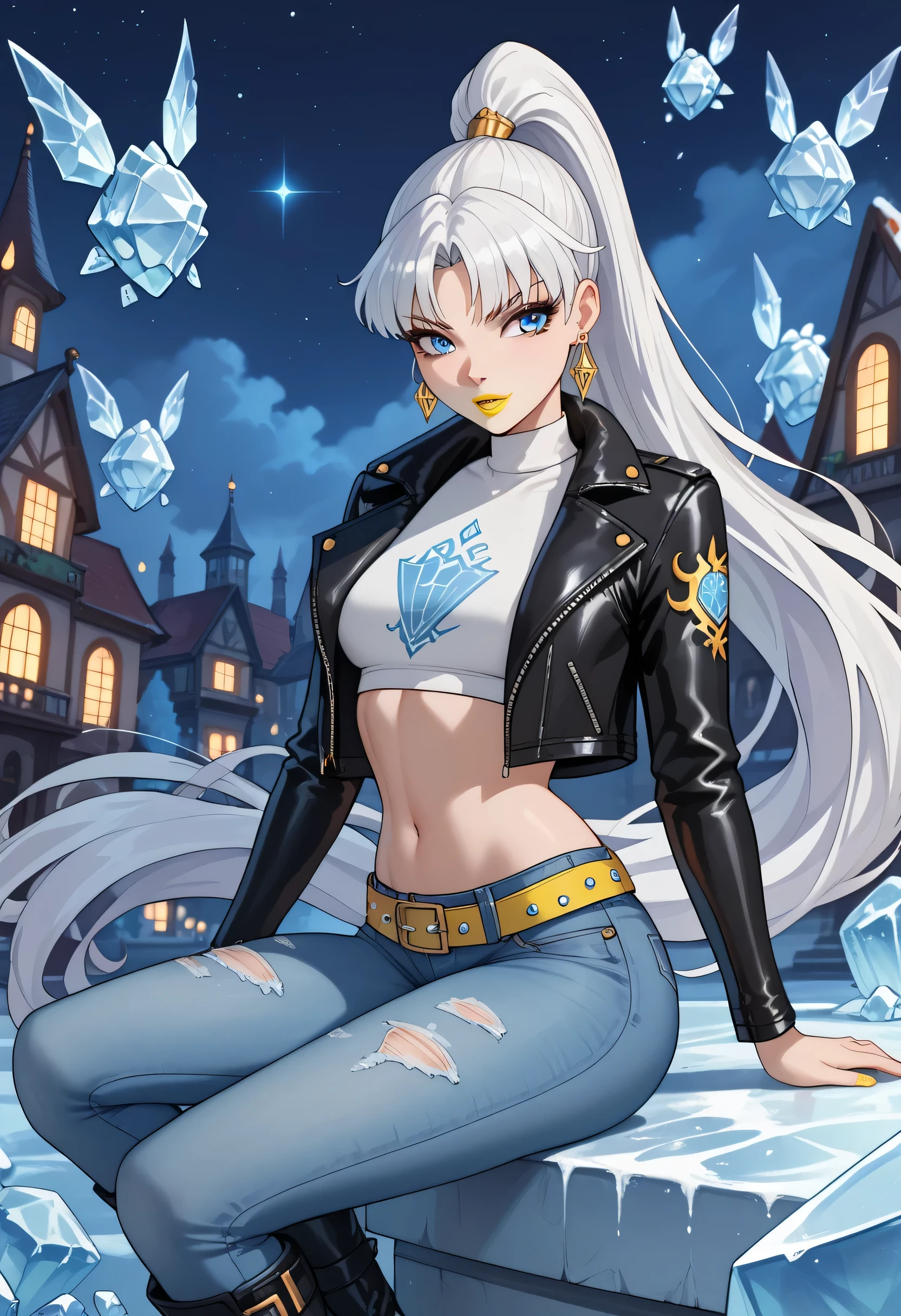 ice, best quality, illustration, 1 girl, icywinx, very long hair, open black leather jacket, jeans, belt, earrings, belly button, leather boots, high definition, fantasy worlds, composition, white hair, night, blue eyes, anime style, yellow lipstick, evil, ponytail