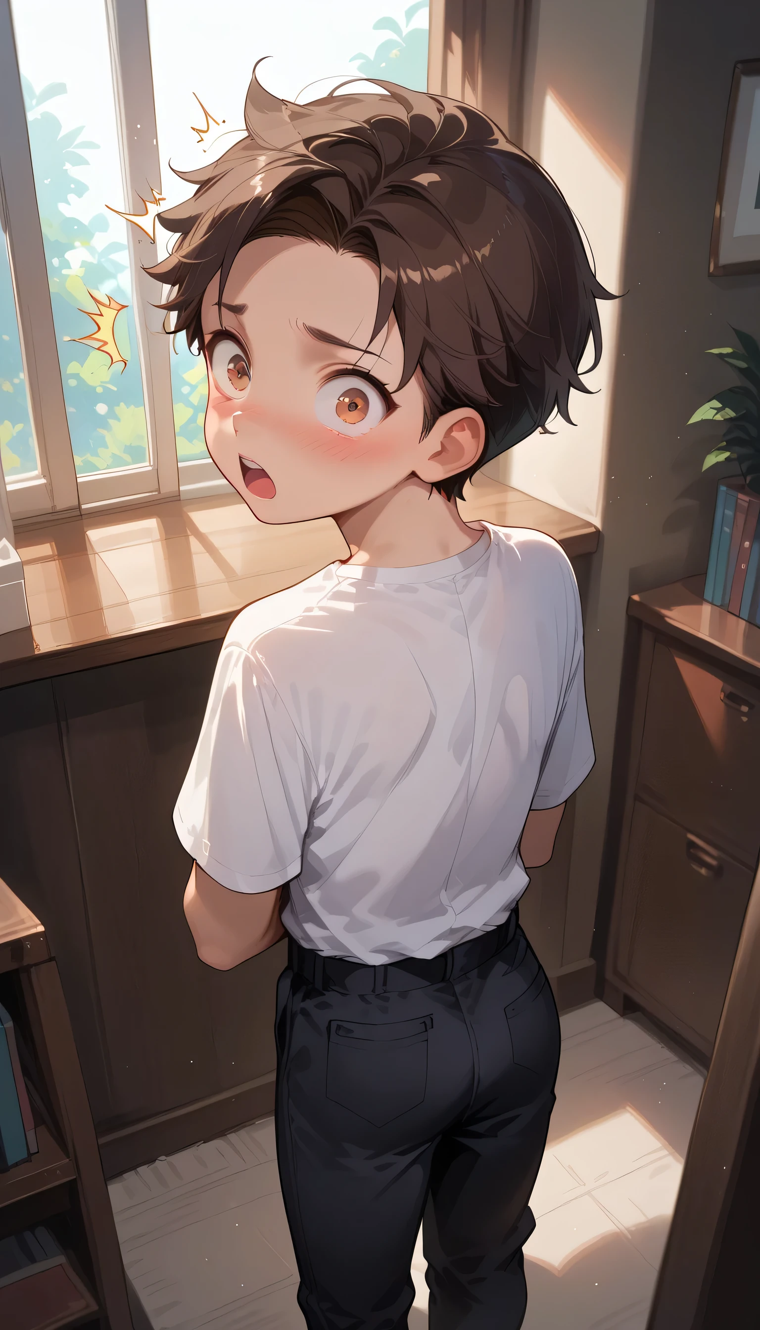 score_9, score_8_up, score_7_up, score_6_up, source_anime, (solo), (Young Boy has brown hair and brown eyes, shota), (Wearing black pants with white shirt), standing, Looking Back, Shcknsrprise, shocked expression, Caught, Looking up, View from Behind, View from Above, (Inside a Room)