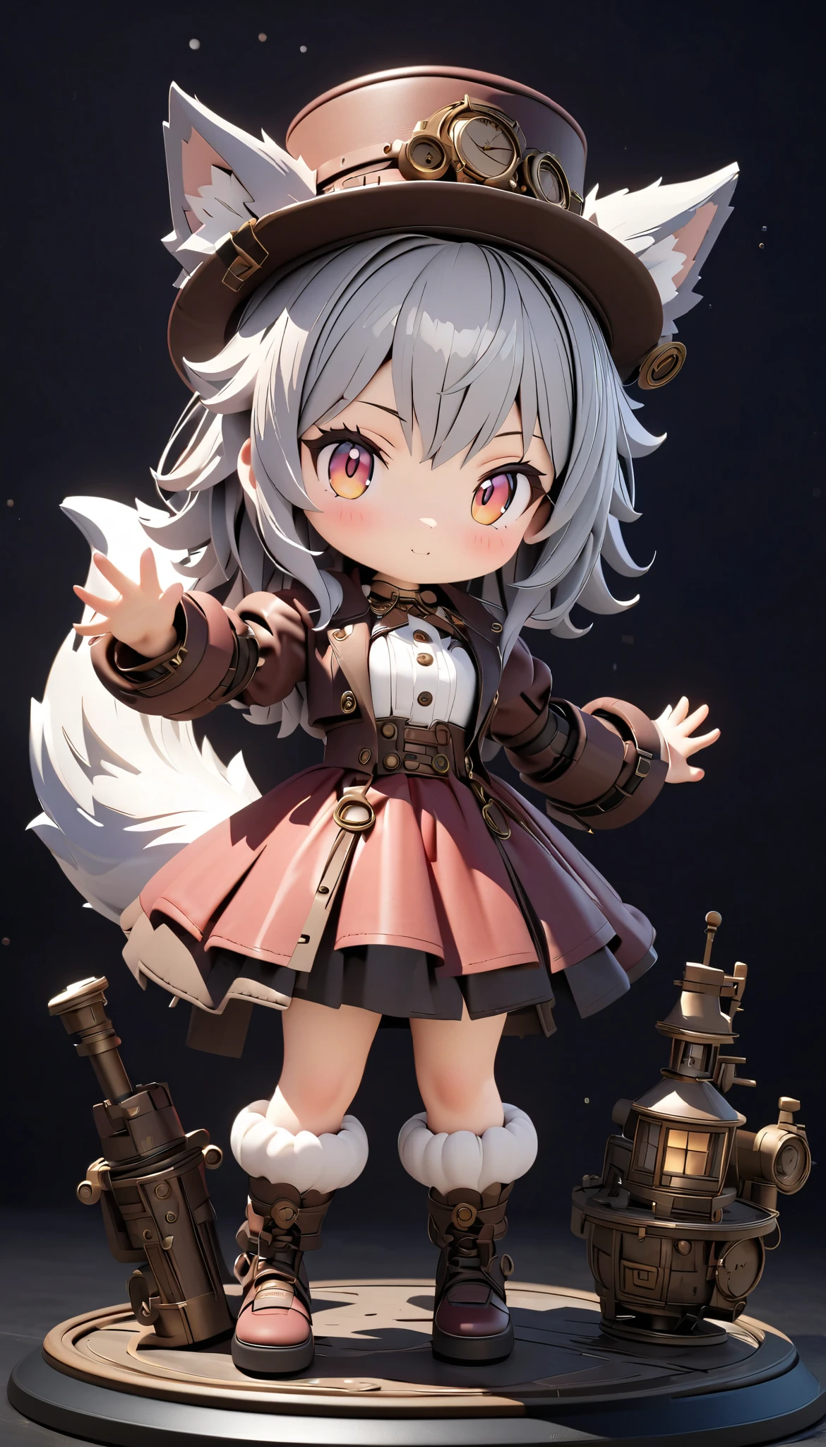 (masterpiece:1.2), ( top quality:1.2),  super high resolution,  very detailed, Wolf Girl, Gray Hair,  Steampunk Outfit,  Silk Hat , flaffy tail, Clockwork Bird , cute,  white background , 3d style, 3D Figures, whole body,  3d rendering,  oc rendering , 8k, from front, stand up