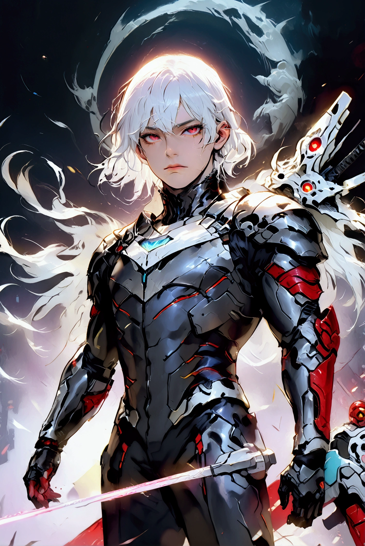 A man with wavy white hair, pale skin, and red eyes, wearing futuristic armor, standing alone surrounded by toys, (best quality,4k,8k,highres,masterpiece:1.2),ultra-detailed,(realistic,photorealistic,photo-realistic:1.37),concept art,intricate details,dramatic lighting,moody atmosphere,highly detailed face and eyes,beautiful detailed eyes,beautiful detailed lips,extremely detailed eyes and face,long eyelashes,slender body,determined expression,cinematic composition