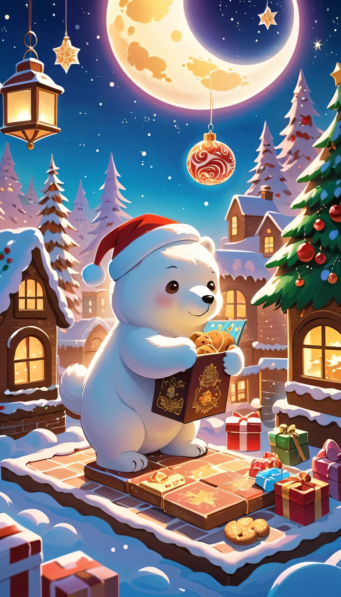  top quality, 8k,  high definition , masterpiece:1.2),  super detailed, (, Realistically:1.37),  bright color,  Magical Atmosphere , Fantastic, Sparkling，  Fantasy Christmas World  , moon，( Christmas Town Snowscape )，(( Super Realistic Sky ， Cute Polar Bear in a Santa Hat ， Holds a Book and a Cookie Bag ,  Packing Cookies in a Gift Box ， Chocolate Bird Perches on Gingerbread Man， Christmas Elements ))，((  Christmas tree ，Sweets and snacks，sucrose， christmas gift)), Decorations,  Nice Design Style , night， Empty，Full moon， Reflected in This Beautiful Scene ,  bright color,  super real ,  psychedelic ,  complex details, Beautiful texture, Mysterious, Like a dream,  soft light ,  charming pattern ,  Fantasy Creatures , Hidden Surprises,  Dreamy Scenery ,  super real  color palette, Mysterious Aura,  super real , A fascinating journey,   psychedelic trip, Vivid imagination , Immersive Experience,  mysterious creature, otherworldly charm , Shining Path,  ILLUMINATING A DREAMY AND BEAUTIFUL CHRISTMAS ,  super real 天空, Fantastic  Christmas Elements ,  Magical Encounters , Fascinating artwork