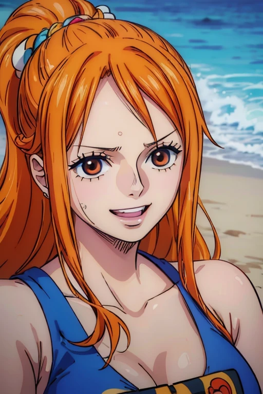  ( top quality, 4K, 8k,  high definition , masterpiece:1.2),  super detailed, ( realistic , photo realistic , photo- realistic :1.37) ,Generate a realistic anime style for Nami in ONE PIECE , must be drawn in anime style , girl with very pale orange yellow hair , Ponytail, braids , beautiful brown eyes,sea, embarrassed expression,F cup size breasts,Beautiful Hair ,(Fashionable clothes in blue),アートスタイルはCharmingなアニメスタイルに似ている.  rendering. For enhanced visual effect, Add HDR, 超 high definition ,  Studio Lighting , Fine painting,  sharp concentration, 物理ベース rendering,  detailed description ,  professional ,  bright color, ボケはなく安定拡散 professional ンプトを、Please enter as is, Generate realistic anime style for Nami in One Piece ,Her hair is bright orange,Left shoulder tattoo,((( top quality))), (( super detailed)),((masterpiece:1.5)),  detailed pictures, smile,  sexy, ( top quality: 1.4), ( one girl),  beautiful face, ( orange hair,  long hair: 1.3), Beautiful Hairstyle, Beautiful details of the eyes, ( realistic な肌),  Beautiful skin, Beautiful lipstick, beautiful lips, absurd, Charming, 超 high definition ,  high image quality, (Sexually excited:1.5), Cinematic Writing:1.3,Perfect means, perfect limb,Perfect means