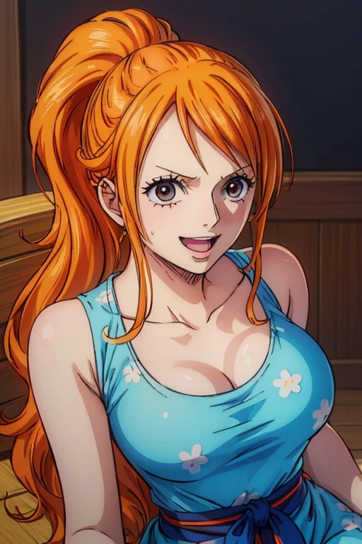 a cartoon picture of a woman in a bikini top and jeans, nami one piece, nami from one piece, nami, beautiful portrait of nami, from one piece, oppai, blue eyes, smoking, ponytail, nsfw