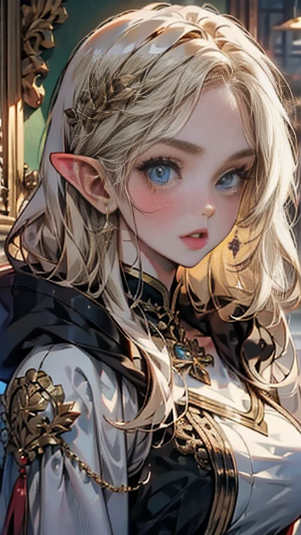 blond woman in a black and gold costume with a hood on, hyperdetailed fantasy character, ornate cosplay, beautiful elf with ornate robes, portrait of a sorceress, portrait of a female mage, beautiful necromancer, beautiful sorceress, a beautiful sorceress, 2. 5 d cgi anime fantasy artwork, beautiful necromancer girl, castle background , winter, Christmas, big breast, shiny skin, young Girl 25 years old