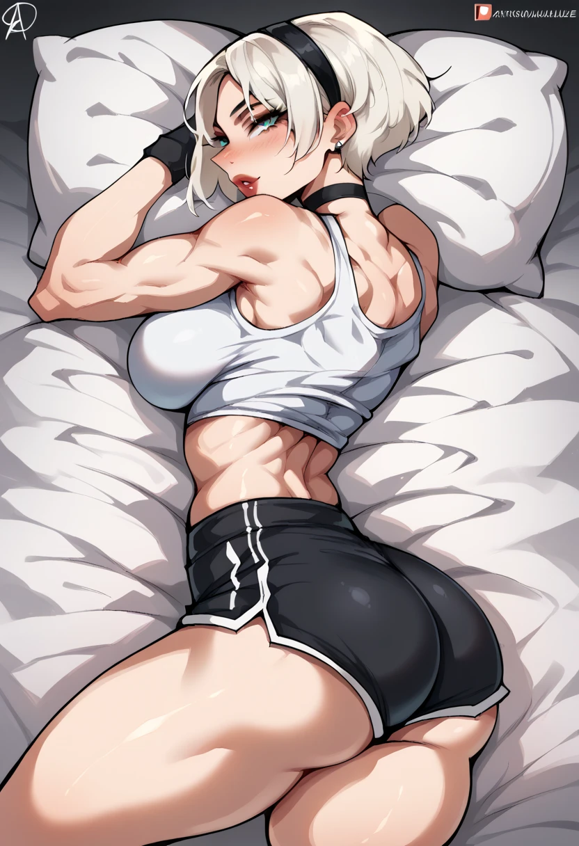 (masterpiece), best quality, expressive eyes, perfect face, big breasts, fit body, hourglass figure, wide hips, athletic, 2BNAXL, hairband, white hair, short hair, tank top, bare midriff, black shorts,laying on stomachc, ass towards viewer, glance behind viewer