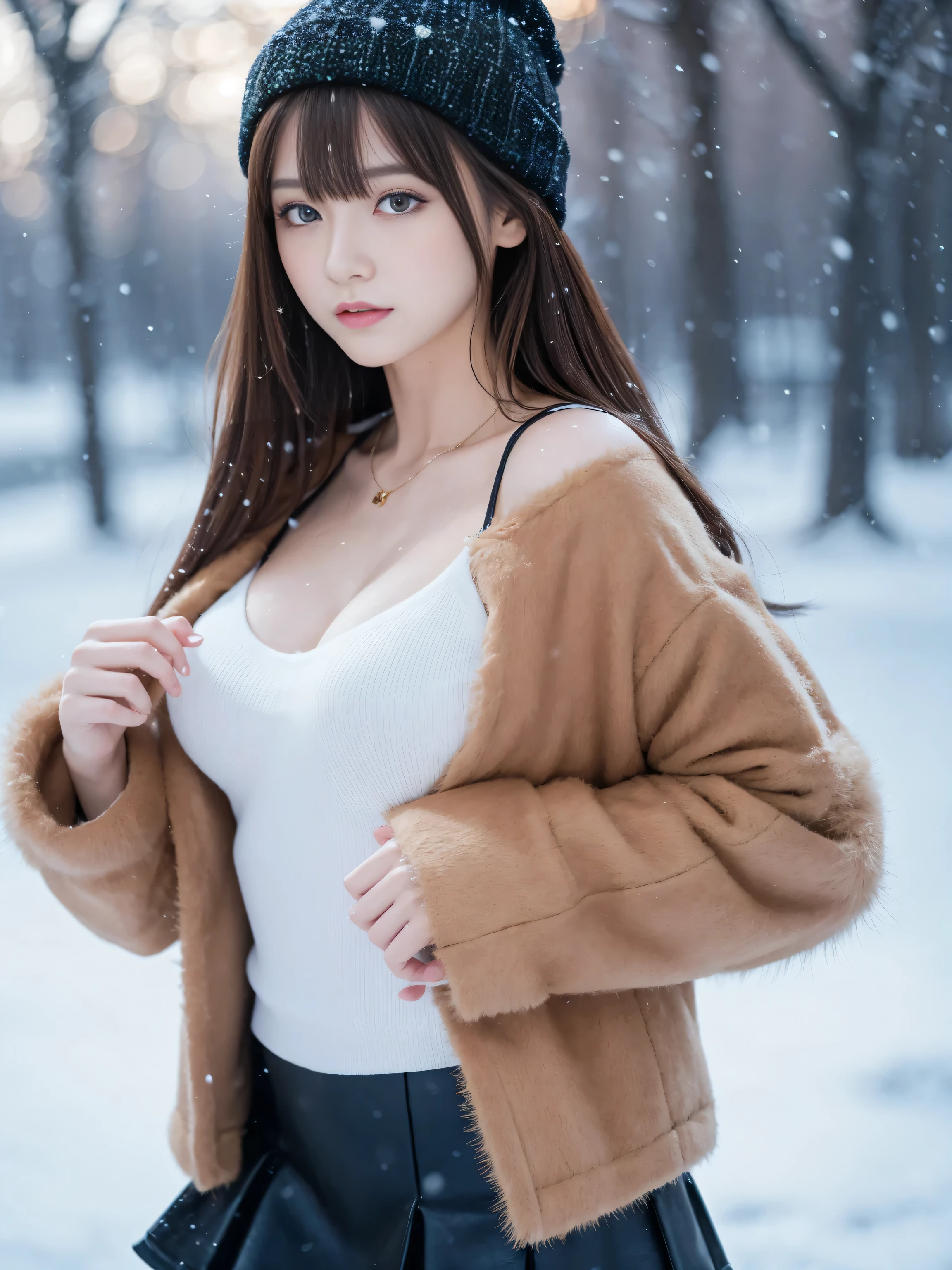 1 girl, bare_tree, brown_eyes, brown_hair, building, coat, cross_earrings, earrings, fur, fur trimmed_coat, fur_collar, fur_scarf, fur_trim, jewelry, lips, shorthair, looking_at_viewer, outdoors, snow, snow, solo, tree, upper_body, Winter, winter_clothes, detailed_eyes,Big breasts, arms close together, Chest facing camera, Big, Ears out, Golden ratio face, Golden ratio body, Best quality, Ultra high definition, Bangs