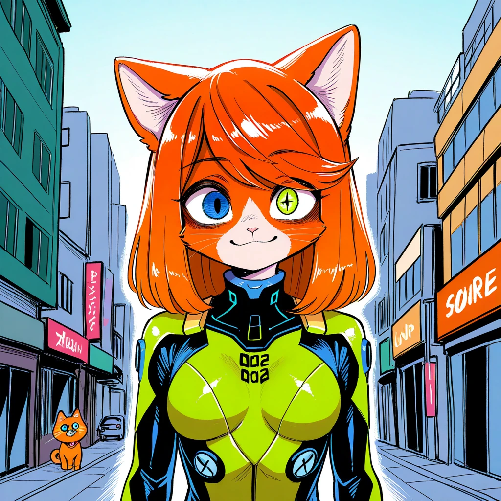 (masterpiece), best quality, expressive eyes, perfect face, (aomushi_\(mushamusha\) style), 1girl, (furry ginger cat), skinny, medium breast, medium hair, orange hair, swept bangs, heterochromia, blue left eye, green right eye, smile, multicolored pilot suit, black violet pilot suit, city background, straight-on, portrait