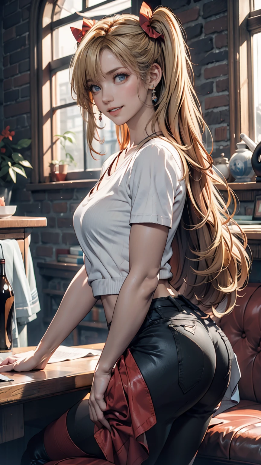 A captivating Finnish college girl, 18 years old, is the center of attention in this high-quality, detailed artwork. She is posed seductively, unbuttoning her red shirt to reveal a very short, yellow skirt and matching knee-high socks. With a focus on her perfect, large breasts and stunning, perfect butt, the camera zooms in for a close-up view. Her messy, blonde hair is beautifully braided into two ponytails, and she has light freckles decorating her face.
The realistic illustration boasts professional makeup, glitter makeup, eye liner, and diamond earrings, all under natural lighting that brings out the soft facial features