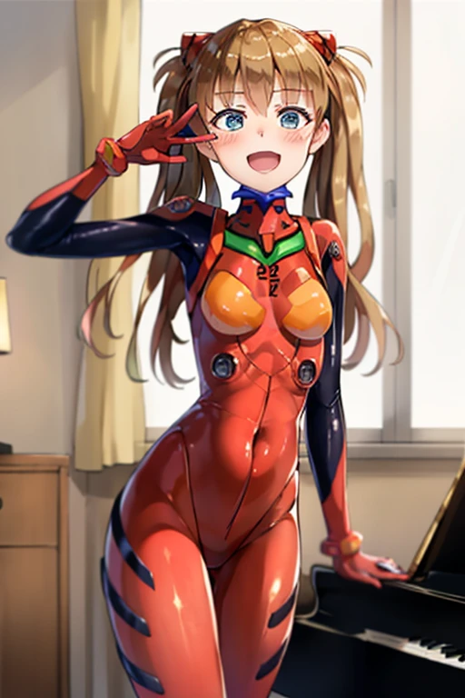 (( top quality)), ((masterpiece)), (be familiar with),  perfect face, indoor, bedroom, looking at the viewer,
One woman,  Soryu Asuka Langley,
 open mouth,  ecstatic expression beside the piano, blush, smile,
 small tits,  flat chested, Young girl, Lori,  s,  girl,
 long hair,  twin tails,
Leg spread,