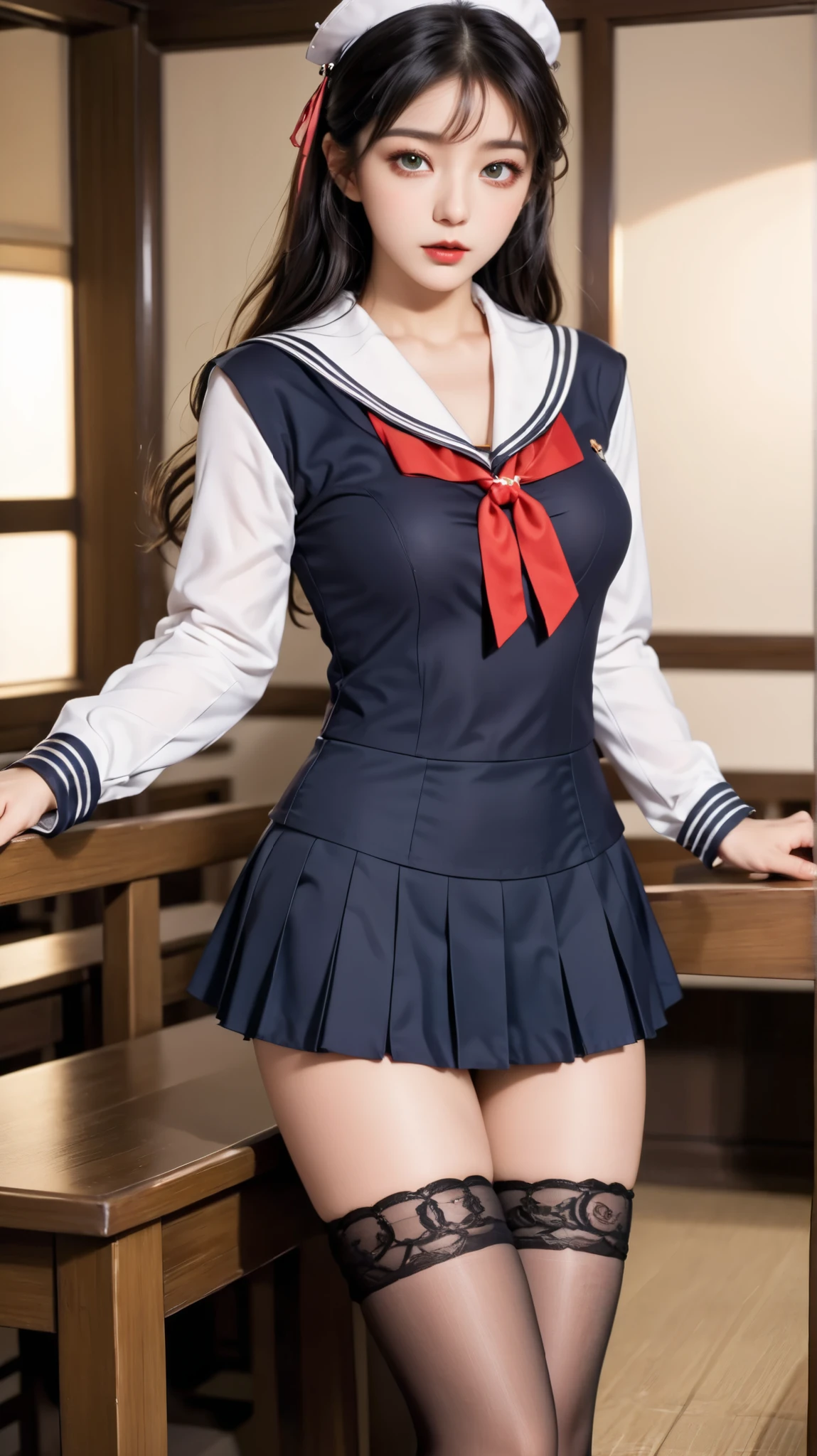 classroom, ((( sailor suit)))、 girl, The Eyes That Seduce Viewers, Shine, Shine, masterpiece, The sweet taste of temptation, nice, masterpiece, best quality, Shadow, S-Core_9, S-Core_8_up, S-Core_7_up、(gigantic breast:1.1)、 black hair、 standing 、(Big Eyes)、(skirt)、Small waist、(Very long legs)、 black stockings、(Breasts covered with clothes)、takeda hiromitsu style, Fingering、ass Fingering、 garter belt