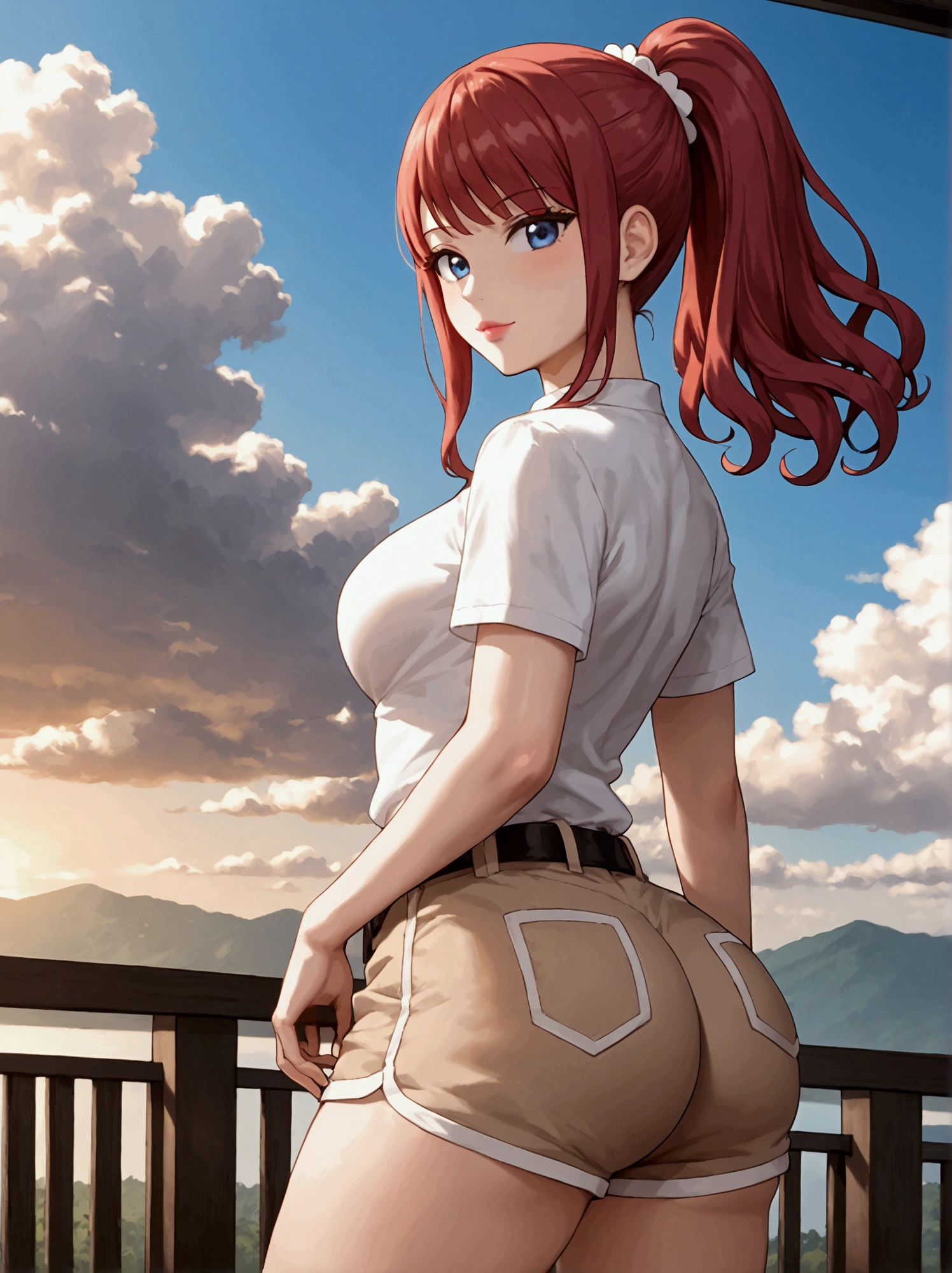 masterpiece, best quality, yukaii, jacket, sleeves rolled up, tube top, striped, belt, white panty, large breasts, standing, cowboy shot, turn back, from below, sky, clouds