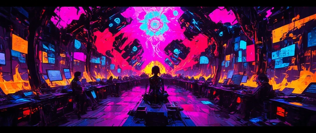 Unbeatable Abstract electronic, conceptual, glowing generative dystopian art, wallpaper, stunning 12k resolution cinematic aspect ratio, best Quality, vibrant colors, high tech, cybernetic neon Masterpiece 