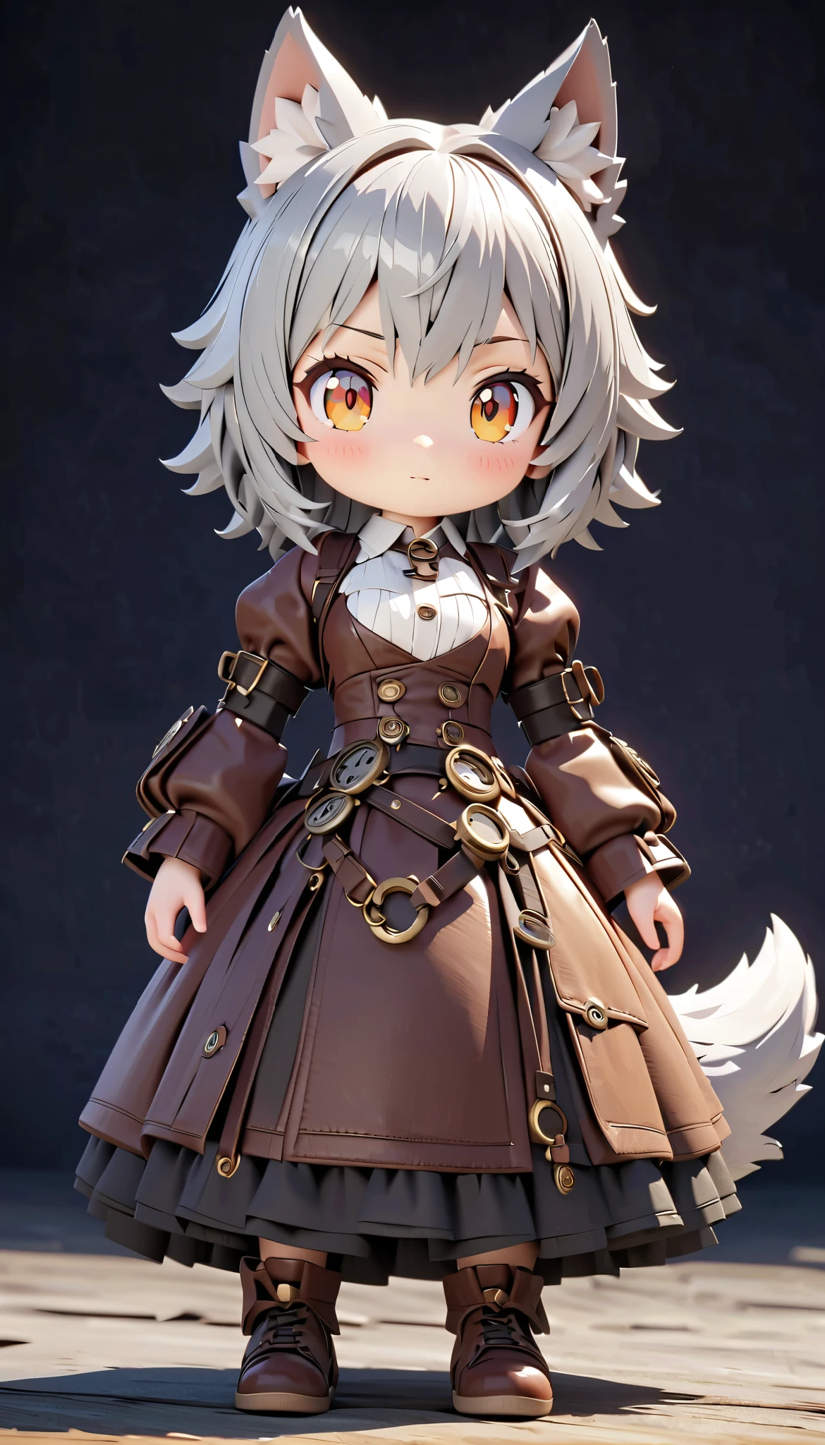 (masterpiece:1.2), ( top quality:1.2),  super high resolution,  very detailed, Wolf Girl, Gray Hair,  Steampunk Outfit,  Silk Hat , flaffy tail, Clockwork Bird , cute,  white background , 3d style, 3D Figures, whole body,  3d rendering,  oc rendering , 8k, from front, stand up