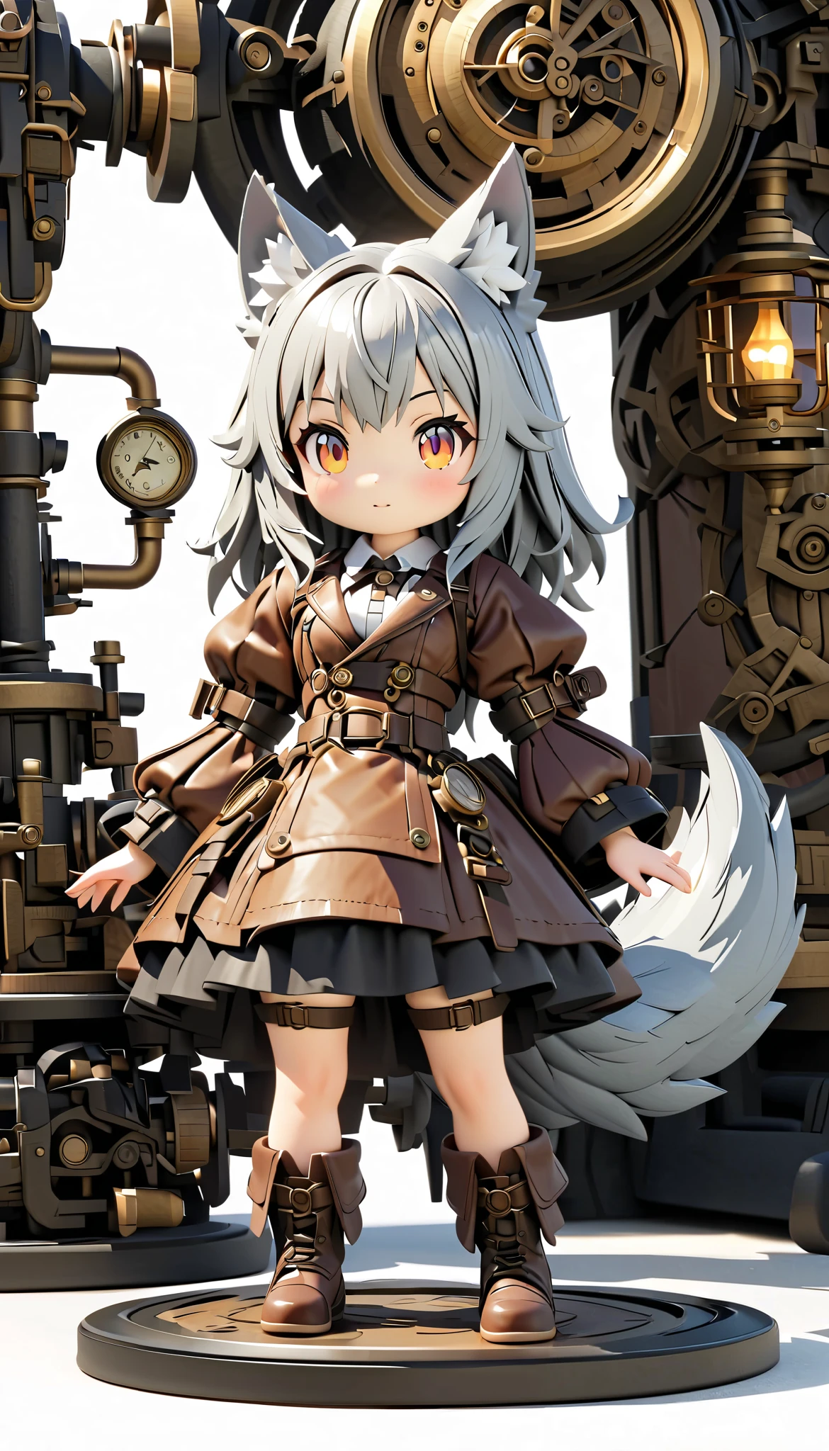 (masterpiece:1.2), ( top quality:1.2),  super high resolution,  very detailed, Wolf Girl, Gray Hair,  Steampunk Outfit,  Silk Hat , flaffy tail, Clockwork Bird , cute,  white background , 3d style, 3D Figures, whole body,  3d rendering,  oc rendering , 8k, from front, stand up