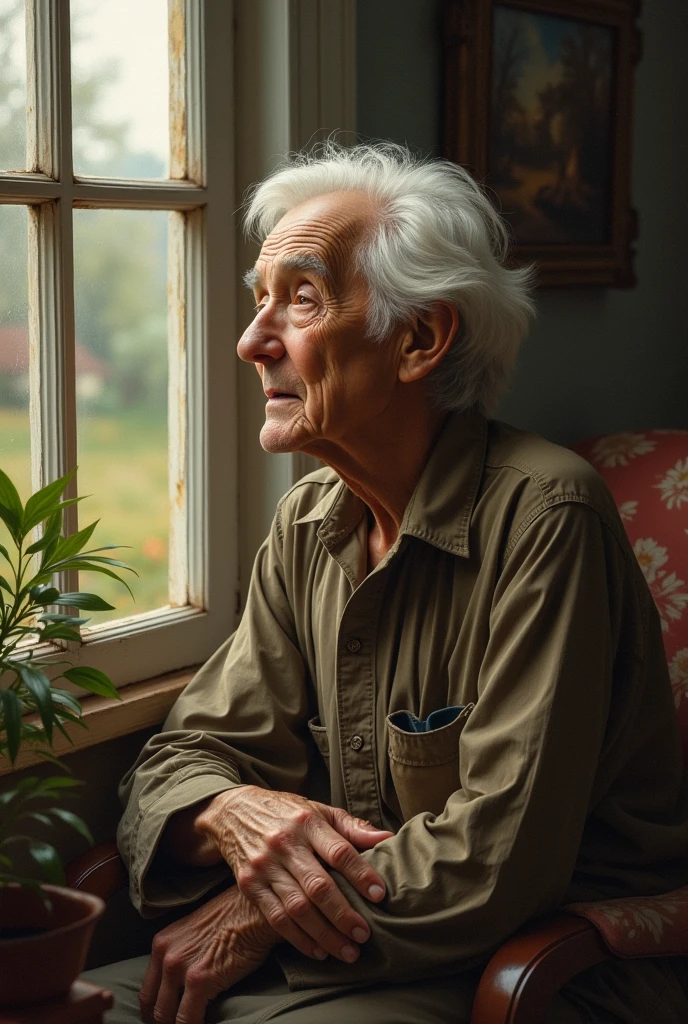 8K, masterpiece, ultra sharp focus, depth of field, ultra HD, best quality, A portrait photo of an old man, 10, slightly white hair, brown skin, sitting next to the rotten wooden window, ((the details of his facial wrinkles are clearly visible)). detailed eyes, detailed skin texture, detailed facial wrinkles. 
He is smoking and looking towards the window, wearing an open shabby checkered shirt, clearly see his skinny body, there is slightly smoke around the room, ((dramatic lighting, side windows lighting)). (((close up photo))), in a room full of peeling wall paint, make it vignette, ponder gesture, vintage color grading