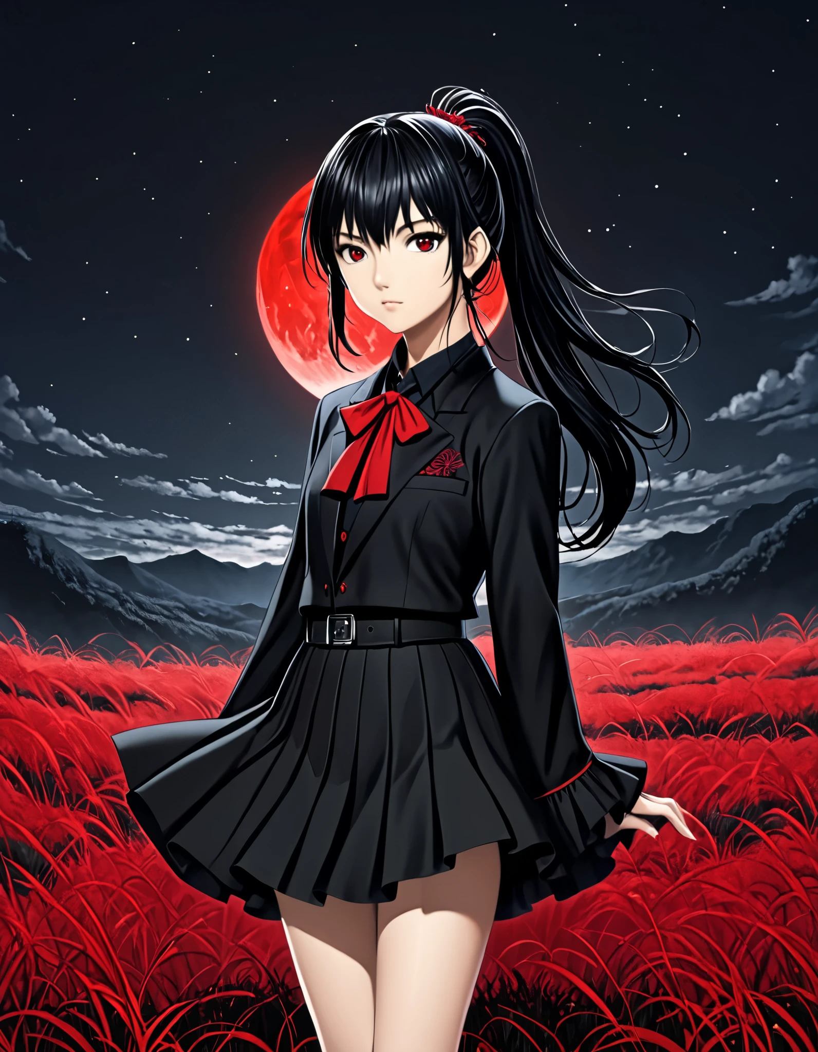 Kentaro_Miura_style, ( fantasy art ), (Girl&#39;s whole body, suzuka nakamoto xl,  black ponytail hair), Night grassland background, (Red Moon,  black school uniform, Red accent, 白いfox), fox