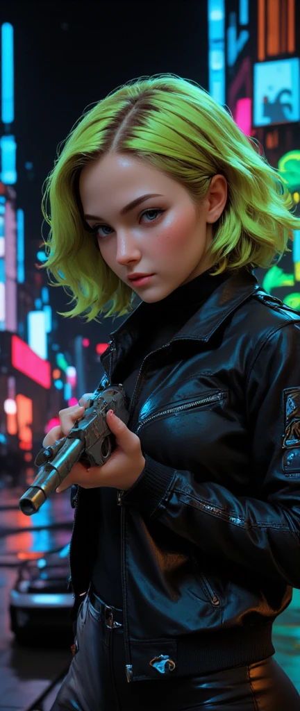 Cyberpunk settings, girl with green haggy layered bob, wearing black jacket and pants, holding a futuristic assault rifle , freckles, lip filler, thick eyebrows, dimples 