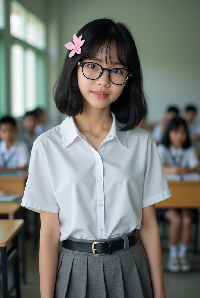 a closeup, masterpiece, top-quality, FULL ANATOMY、Raw foto, Photorealsitic, faces, beautiful a girl, cute little, shorth hair、depth of fields, hight resolution, ultra-detailliert, finely detail, ighly detailed, extremely detailed eye and face, Realistic pupils, foco nítido, Cinematic lighting、flat breast、tiny chest、small tits、(Petite bust:1.2)、Petite bust、 (Slimed、small tit、flat boobs、small tit)、 15 year old woman、Sexual facial expressions、sexy pose、 Wet body、Blushing、Sweating、Very embarrassed look、The face is bright red、Schoolgirl Uniform、Panties are visible from the skirt、Very detailed 8k wallpaper、Sheer white shirt、Navy blue ribbon at the collar、Dark blue pleated micro mini、Show me your whole body、Plump string panties、((Lift the hem of the skirt、Lift the hem of the skirt with both hands、Lift the hem of the skirt yourself,、Show your sexual panties on camera))、is standing、Bokeh in the background、Hairstyle with bangs,Black-rimmed glasses、overknee socks,in front of crowd、a smile