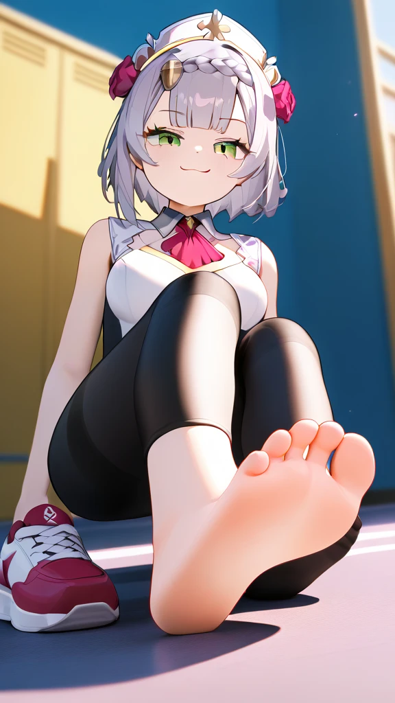 score_9,score_8_up,score_7_up,score_6_up,score_5_up, Sport outfit, after sport,  Solitary, completely smooth soles, Foot Focus, hypno feet, hypnotic feet, the girl tries to seduce viewer with soles of feet against his will, 3D Rendered Anime style, the girl shows soles of feet, foot focus, sole, shoe taken off, dynamic, acting casual but smug, smug teasing dynamic pose, smug face, very smug, young soles, five toes, sport shoe taken off,  1girl, solo, feet in my face, dominating, could ruin my life by controling me with her feet, cute girl, smooth soles, no wrinkles, swimming hall in background, sporty, hypnotic soles, smug face, manipulative girl, soles close-up, detailed skin, the girl is sitting on a wall, pale soles, the girl is noelle, nldf, green eyes, grey hair, short hair, braid, blunt bangs, hair ornament, hair flower, red rose, pink ascot, breasts, cleavage, long black leggings, bare feet