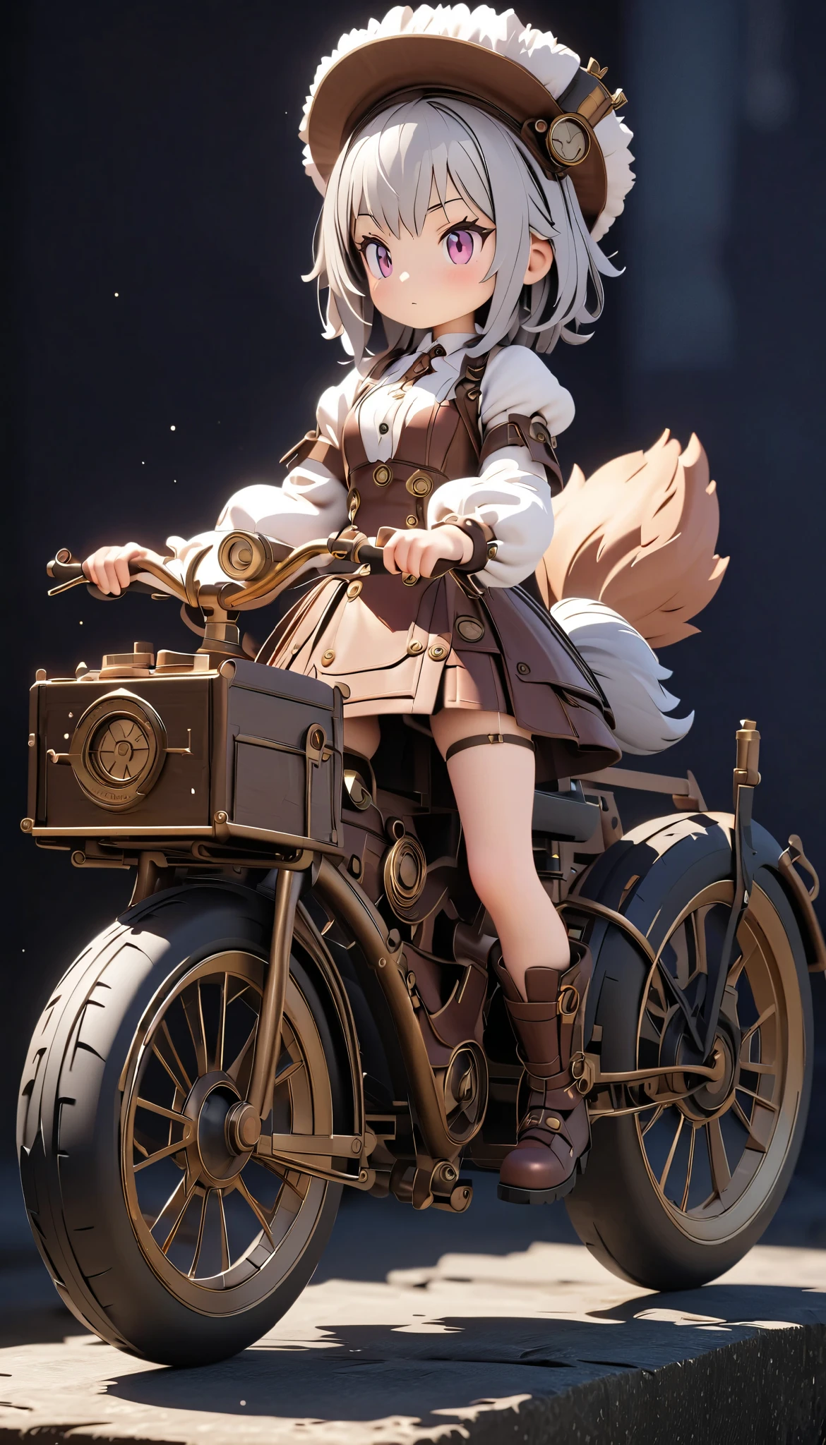 (masterpiece:1.2), ( top quality:1.2),  super high resolution,  very detailed, Wolf Girl, Gray Hair,  Steampunk Outfit,  Silk Hat , flaffy tail, Clockwork Bird , cute,  white background , 3d style, 3D Figures, whole body,  3d rendering,  oc rendering , 8k, from front, stand up