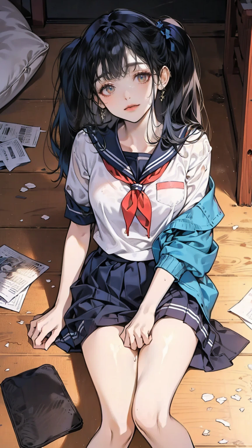 Portraiture,  Official Art ,  Masterpiece,  top quality,  highest resolution, 8k,  most detailed,   perfect anatomy break ShirayuKKC  ,  one girl, Alone,  skirt, shirt,  twin tails, School, sailor suit ,  sailor color, neckerchief , low  twin tails, short  twin tails,, (small breasts,  s_Like a build,  the length is short:1.2) Porn Warning,  masturbation , Straddle,   cowgirl positions in jail, Almuada, pillow, on pillow, Rubbing the groin BREAK ( Female Orgasm :1.3), (Obscene face,  red cheeks ,  closes the eye:1.2),   mouth BREAK 豪華なマンション,  bed, (  knight , mid  knight ,  Darkness:1.3), Particles of light, Dust, Highly detailed 16K CG wallpaper of a girl，(Close-up of faces)  mouth， excited， wet (((Sticky milkshake liquid))), wet((( にした状態で、The milky  mixture is poured onto the gym clothes in large quantities ))), open your eyes, The whole body is covered in oilで光沢感がある　Tissue paper rolled up,　 Tissue paper rolled up,  used tissue paper placed on the floor ,　Excessive facial sweating,Sweat dripping,Sleep on a mat,pillowに頭を乗せている,Dirty duvet　 Very Old Thick Mat  ,Gym storage room,　 lots of used tissues on the floor  ,　Crumpled used garbage is scattered all over the place..,　Used tissues scattered in a room, mat covered with used tissues 　、 embarrassing　 dim room　Hardwood Floors　Rolled up tissues are scattered around、上半身はSchool&#39; Designated white gym clothes ., Blue Sleeves、Blue bloomer with lower body 、Close-fitting shorts、 College Student 、 illustration style　 Anime Style　 leaning against a wall 、 my mouth is wide open 、　 beautiful girl　Pink cheeks　Super Curly Hair　Super long sideburns　 headband　 big eyes　Droopy eyes　Shocking pink lipstick　Sweaty　 steam is coming out of my whole body　 steam rises all over the screen .　White Breath　Let　The whole body is covered in oil　 evening 　 Overall Orange Background 　sunset sunshine、 (pillowに頭を乗せる), (Cover the chest with a blanket), Chest Structure, Drawing the upper body,  College Student , My hands are raised and messy , /(  long black hair/), (Neat, Sparkling,  long hair),  open your eyes, (16:At midnight ), ( evening ) sunset,
