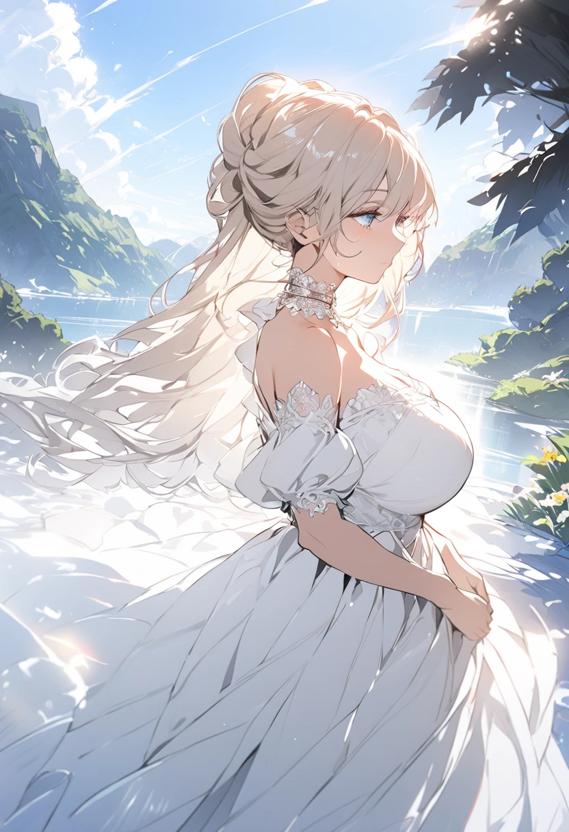 (masterpiece:1.2), (best quality:1.2), perfect eyes, perfect face, perfect lighting, 1girl, mature female standing with her hands in front, long hair, intricate hairdo, makeup, thick eyelashes, melancholy, wearing a dress, black and white dress, frills, ribbons, puffy sleeves, bare shoulders, lacey choker, jewelry, peaceful, quiet, chill, detailed outdoor background, beautiful landscape, fantasy, summer, sunny, sunburnt, flowers, trees, huge breast