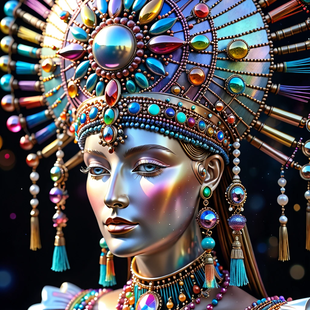 close-up of a statue of a very beautiful woman in a surreal  cosmic  iron hat decorated with multicolored tassels  on her head!!!!!, mother of pearl jewelry inspired by Danel Conway , James Christensen , Giuseppe Arcimboldo , Solve Sundsbo , surreal!!!, , front light ,((masterpiece)), ((best quality)) , high detail,, highest detail, ah high_Detail, color, beautiful, HDR, Photorealistic, realistic photography, professional photography, high detail, 4K, Octane rendering, V-Ray, full hd
