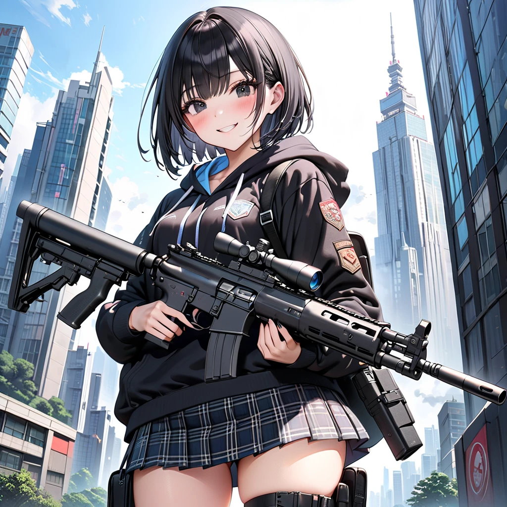 1 high school girl、(black eyes:1.5),(evil smile:1.5)、 open her mouth 、(blush:1.5),((black short hair :1.5))、(very long sidelocks:1.5),(holding automatic rifle with both hands:1.5)、(point the gun atview),( small breasts:1.1)、( hoodie:1.5), (black plaid mini skirt:1.5),(thigh holster:1.5),(school bag),( beautiful thighs :1.5)、A futuristic city lined with skyscrapers:1.5、Beautiful blue sky、( cowboy shot:1.5)、( perfect anatomy ),( best quality), ( ultra hi-res), ( high definition ), (超 high definition ), ( Highly Detailed CG), (32K), (masterpiece),aiming at viewer 