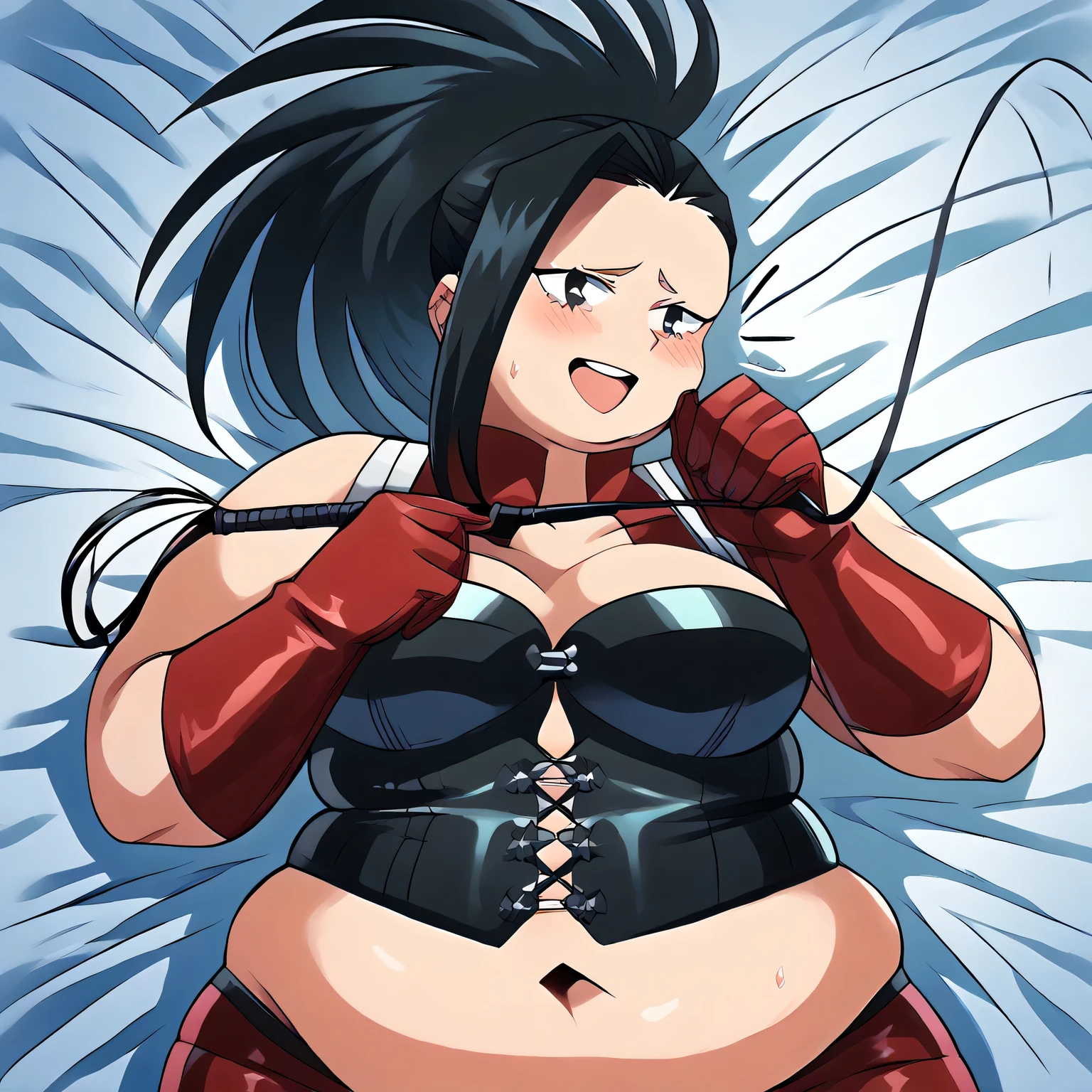 score_9, score_8_up, score_7_up, source_anime, yaoyorozumomo, yaoyorozu momo, long hair, bangs, black hair, ponytail, black eyes, high ponytail, wide ponytail, retro artstyle, black eyes, , large breasts, dominatrix, bondage outfit, whip, holding whip, latex gloves, latex corset, latex panties, bed room, bed, navel, smile, smug, blush,, cowboy shot, dutch angle, swollen face, fat, chubby, obese, open mouth, out of breath, absurdres, highres icon, rating:General, confused, blush, {flustered}, nervous sweating, portrait, pov hands, hand on another's cheek, averting eyes, [looking away], straight-on, from above,  upper body, masterpiece, best quality, ultra-detailed, high resolution, 8K, 