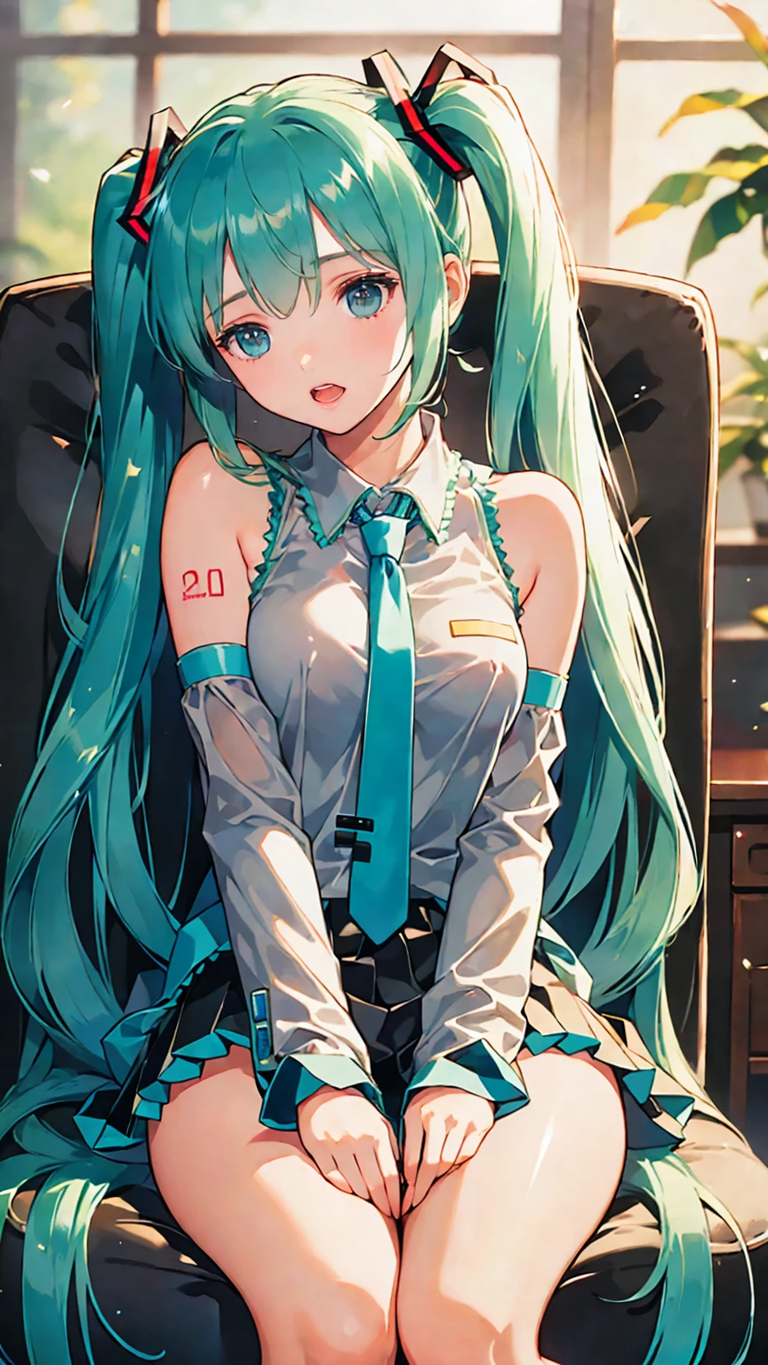 masterpiece,   high definition  ,  top quality,8k
(  Hatsune Miku )(Roll your eyes, orgasm)
(( Strong tremors , intense movement ,  Motion Blur ))  sit on the chair ,  vibrator that rubs against the crotch 