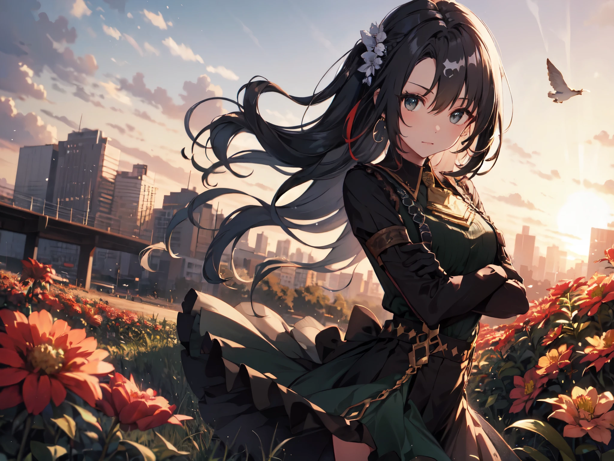 Solo, Girl, (Human ears, Short stature, Flat chest), (Ring earrings), (Black hair, Long hair, Vertical curls in front of bangs, Braided hair in half-up style), (Floral hair ornament, Hair tied back with a large red ribbon), (Sitting flat, Arms crossed), (Heavy makeup), (Black top, Vertical striped sweater, Suspenders, Short skirt, Black tights, Black gloves), (Surrounded by lots of red flowers), (Sunset sky, Sunset, Evening sky), (Low angle focus on chest), (8k, High resolution, Masterpiece, Accurate, Anatomically correct, Multiple awards, Top quality, Detailed, High quality model, High quality, Quality, Retina, Highly detailed, Textured skin, Ultra high resolution).