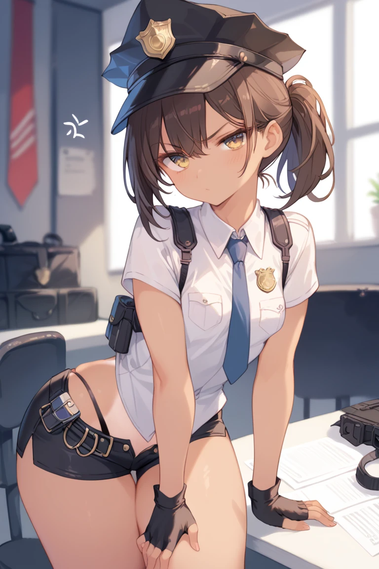 A girl, annoyed look ,  bicolor brown hair with red at the tips ,  sitting on a chair , with his hands on his legs ,  short hair with a ponytail  ,   golden eyes ,  small breasts ,  thick thighs,  tanned skin, standing,  wearing a police shirt ,  wearing a police vest , with black shorts with white lines,  wearing black fingerless gloves 