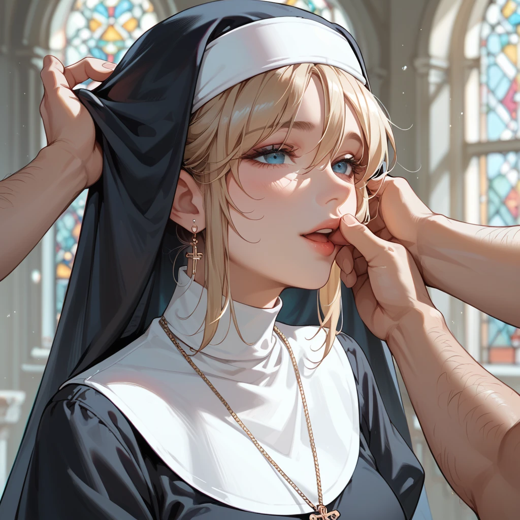 up close photo . Catholic nun ,  sexy looking .  Catholic nun's mouth trying to rip several men's arms apart.