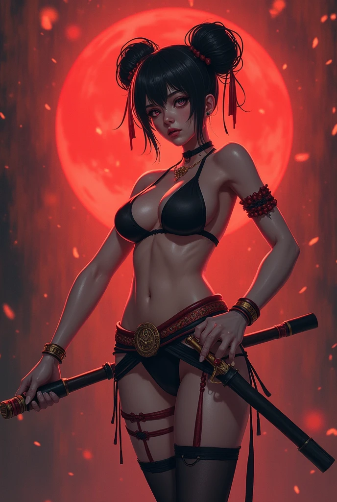 masterpiece, super detailed, 8K portrait, RAW photo, portrait photography, highly detailed face, ((fantasy)), 1 female, (((((nervous look))))), (((spread legs and sitting on the chair))), 19 years old, (((((Exhibitionist Woman))))), (((Black little eyes))), (((black straight hair))), (((Eyes are hidden by bangs))), Larger earrings, (((white skin color))), (((((Obscene uterus pattern tattoo on abdomen))))), (((((Cloudy dark red puffy sleeve bikini))))), (((cameltoe))), (((silk cloak))), (((little waist hip pouch))), (((see-through tights))), (((leather boots))))), (((Equip a long iron sword))), midday sun, surreal, ((((flat chest)))), (((((small breasts))))), (((thick thighs))), long legs, In the medieval adventurer’s guild, environmental lighting, shadow details, Focus the camera on the thigh, strong wind, light fog,