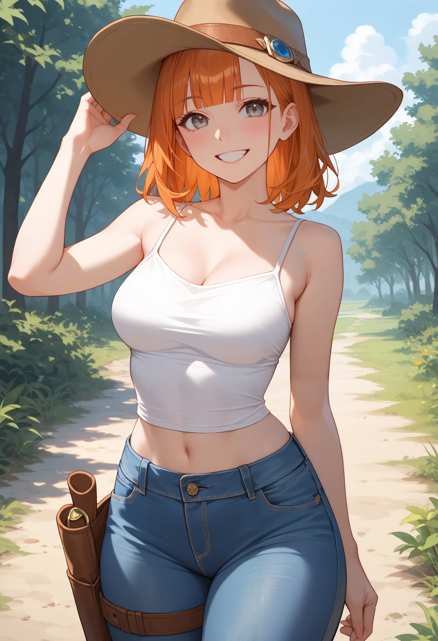 (score_9, score_8_up, score_7_up, score_6_up), anime, high res image, (masterpiece, detailed:1.2), (1girl:1.5), (orange hair, straight medium hair, blunt bangs), (grey eyes, detail eyes), (dynamic poses), looking at viewer, (blushing red, aroused, smile), Beautiful eyes, (medium perky breasts:1.3), (slim), (thick hips, thick thighs), (beautiful detailed face, beautiful detailed eyes), ((white cropped camisole, denim jeans, cowboy suede hat, cowboy holster belts)), outdoors, western settings, ((cowboy shot:1.3)), seductive