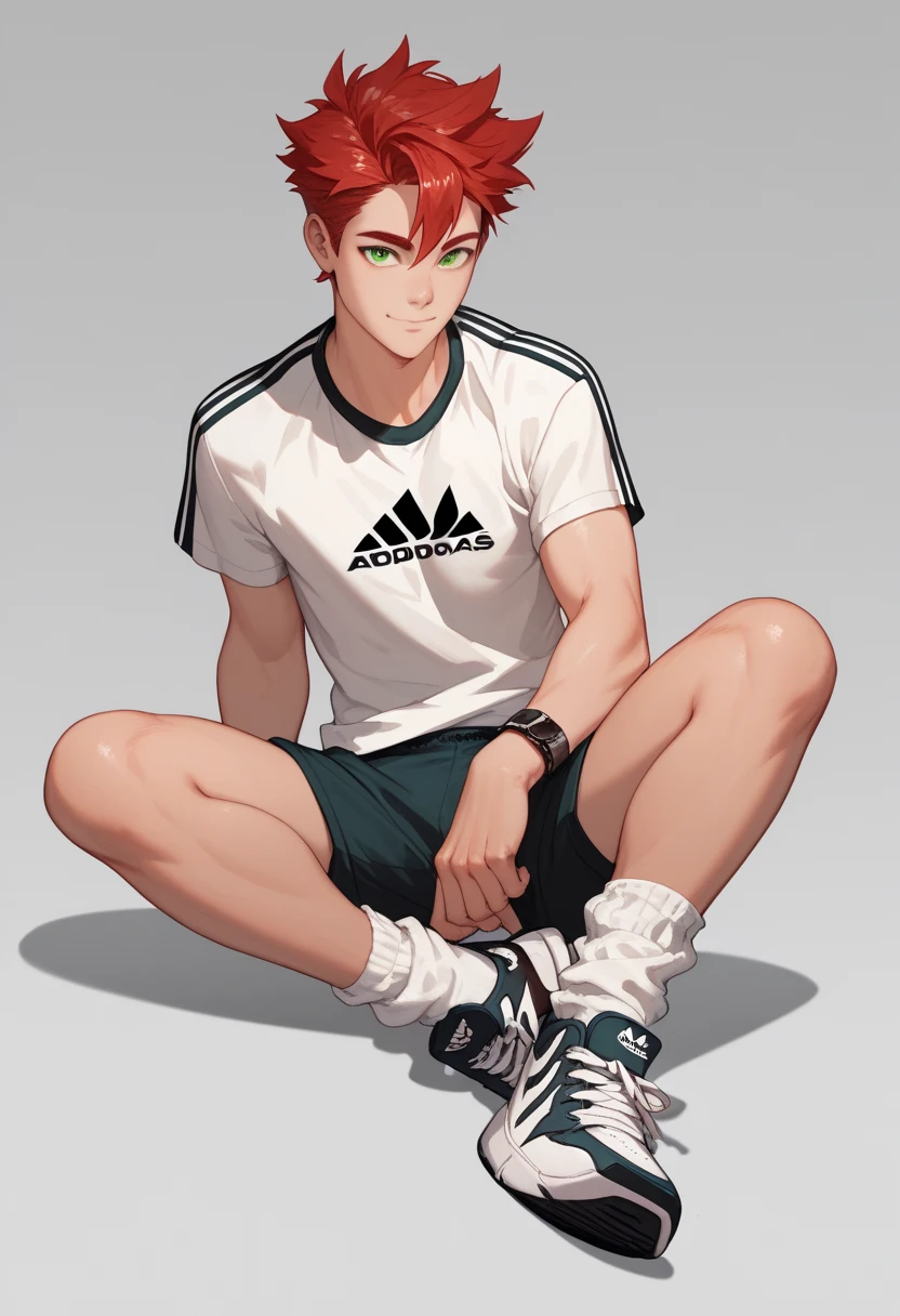 Make a concept art of a character, Asian boy 18 years old, cute, red hair, green eyes, slim body, Shorts, white socks, Adidas style sneakers, shirt 