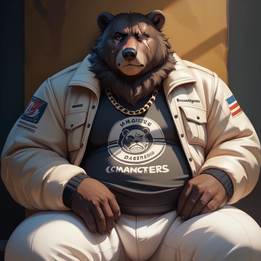 Ben Bigger, a big fat fluffy bear, brown, fluffy, large, chubby , scar on left eye, wearing a black T-shirt, a gold chain around his neck, white sweatpants and a white zip-up jacket. ( realistic, high resolution, ultra detailed, UHD, 8K, 16K, masterpiece )