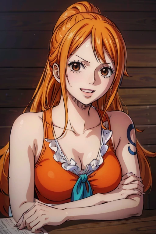  ( top quality, 4K, 8k,  high definition , masterpiece:1.2),  super detailed, ( realistic , photo realistic , photo- realistic :1.37) ,Generate a realistic anime style for Nami in ONE PIECE , must be drawn in anime style , girl with very pale orange yellow hair , Ponytail, braids , beautiful brown eyes,sea, embarrassed expression,J cup size breasts,Beautiful Hair ,(青色の sexyな下着),アートスタイルはCharmingなアニメスタイルに似ている.  rendering. For enhanced visual effect, Add HDR, 超 high definition ,  Studio Lighting , Fine painting,  sharp concentration, 物理ベース rendering,  detailed description ,  professional ,  bright color, ボケはなく安定拡散 professional ンプトを、Please enter as is, Generate realistic anime style for Nami in One Piece ,Her hair is bright orange,Left shoulder tattoo,((( top quality))), (( super detailed)),((masterpiece:1.5)),  detailed pictures, smile,  sexy, ( top quality: 1.4), ( one girl),  beautiful face, ( orange hair,  long hair: 1.3), Beautiful Hairstyle, Beautiful details of the eyes, ( realistic な肌),  Beautiful skin, Beautiful lipstick, beautiful lips, absurd, Charming, 超 high definition ,  high image quality, (Sexually excited:1.5), Cinematic Writing:1.3,Perfect means, perfect limb,Perfect means