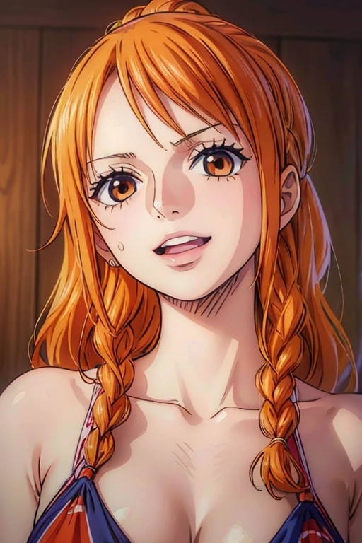 a cartoon picture of a woman in a bikini top and jeans, nami one piece, nami from one piece, nami, beautiful portrait of nami, from one piece, oppai, blue eyes, smoking, ponytail