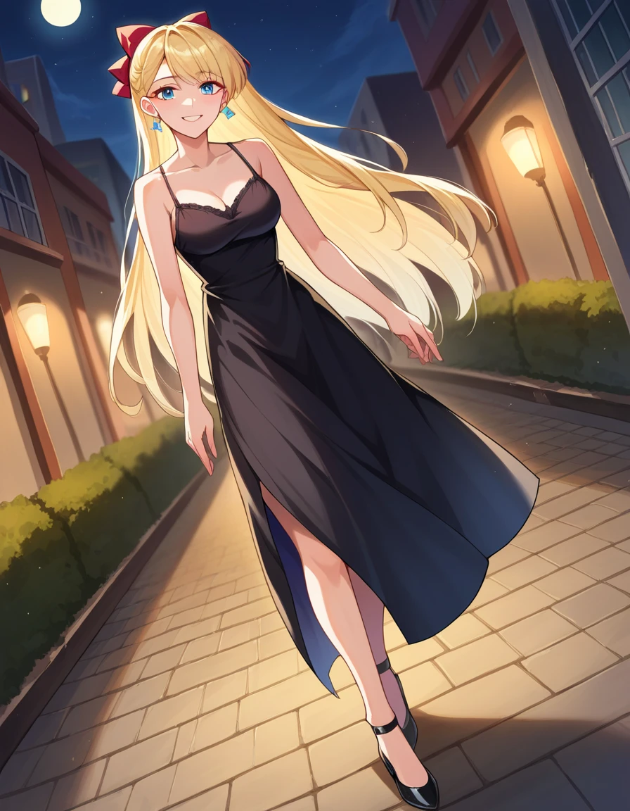 score_9, score_8_up, score_7_up, source_anime,
masterpiece, best quality, very aesthetic, absurdres, aavenus, long hair, blonde hair, hair bow, blue eyes, earrings, taut dress, spaghetti strap, black dress, sleeveless,  night, street, standing, cowboy shot, medium breast, smile, looking at viewer, cowboy shot, dutch angle, black high heels, full body